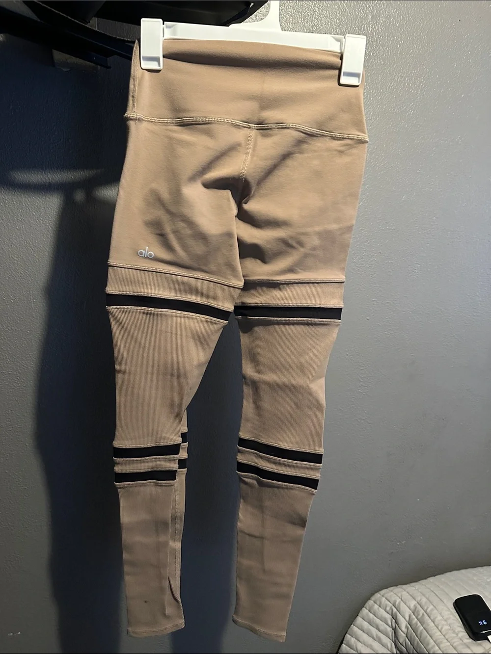 Women High-Waist Beige Leggings with Black Stripe Detail